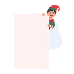 young Christmas Elf boy with sign. Vector illustration
