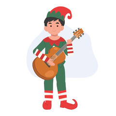 Cute young christmas elf girl is playing guitar. Vector illustration