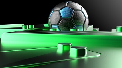 Metallic Black-Blue Soccer ball on Metallic Green Mechanical Plates. 3D illustration. 3D CG. High resolution.