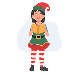 Young christmas elf kid is singing a song. vector illustration