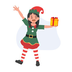 Cute young christmas elf girl with present box. vector illustration