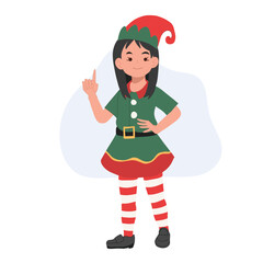 Young christmas elf kid is making introduction. vector illustration