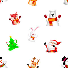 Christmas cute cartoon seamless pattern. Santa, deer, snowman, bear, rabbit, fox and tree. illustration on white background. Merry Christmas concept.