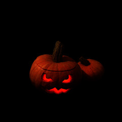 Halloween pumpkin lantern on a dark background. Frightening lamp with eyes glowing in the dark.