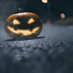 Illustration of a spooky glowing Jack-o'-Lantern standing on a road during a foggy night, halloween motif, close-up, bokeh