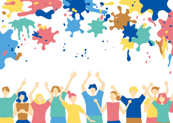 盛り上がる大勢の人達　ペンキ背景