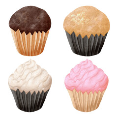 Cupcakes. Set of watercolor illustrations. Isolated icons on a white background.