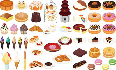 世界の人気お菓子・スイーツのアイコン①（アフタヌーンティー、チョコフォンデュ、ケーキ、ドーナツ）