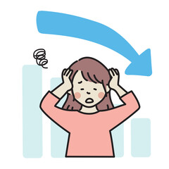 グラフ　下がる　頭をかかえる女性