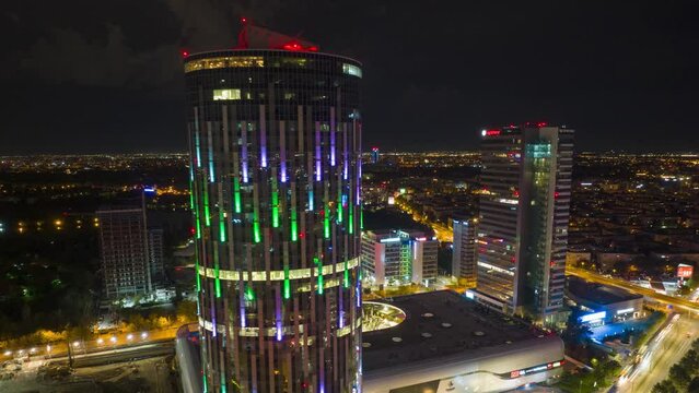 Aerial Hyperlapse arc around Sky Tower, Bucharest cityscape and nightlife