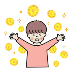 コイン　ポイント　バンザイで喜ぶ男性