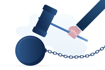 Businessman hand uses big hammer to break chain burden. Break free or breaking bad habits or routines for freedom, pay off debt, destroy shackle or fear burden, liberation.