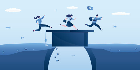 Businesspeople or students run on graduation hat scroll as bridge to cross gap. Education or business degree to help career growth, skills improvement of knowledge. MBA education.