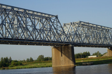 A huge beautiful railway bridge on the Volga, a navigable span. Yaroslavl,