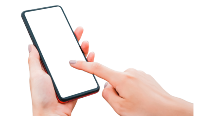 Woman hand holding smartphone on left hand and index finger on touch screen mobile with isolated on white background with clipping path.