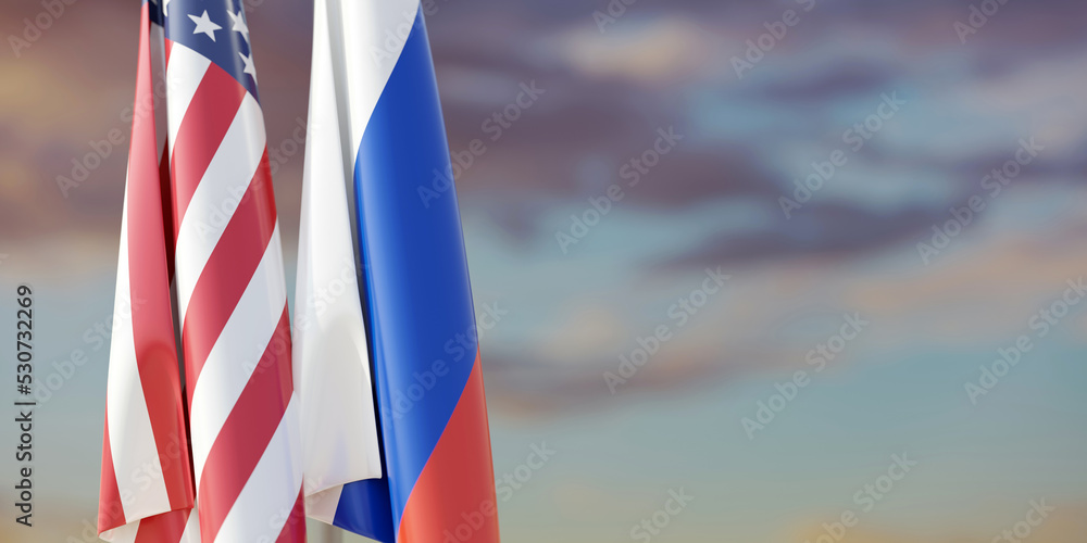 Sticker Russia and USA and relationship. US America and Russian flags on pole, cloudy sky.