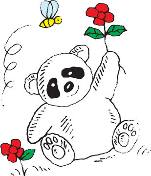 doodle of cute panda,cute panda with bee and flower