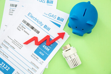 Energy cost increase and saving. Electricity gas bills, rising up arrow, piggy bank.