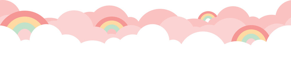 Colorful rainbow with white cloud and bright pink sky bottom border seamless pattern.