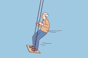 Happy energetic old man have fun on swing enjoy maturity. Smiling mature grandfather swinging outdoors show activity and energy on pension. Vector illustration. 