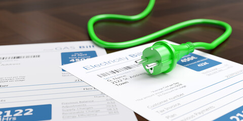 Electricity bill and renewable energy. Green electric plug and utilities accounts