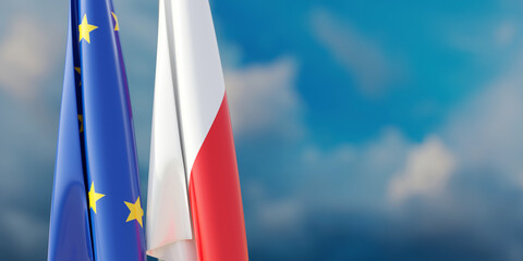Poland and EU and relationship. European Union and Polish flags, cloudy sky. - obrazy, fototapety, plakaty