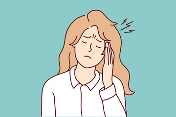 Unhappy young woman suffer from migraine or headache. Unhealthy girl struggle with head spasm having health problems. Medicine and healthcare. Vector illustration. 