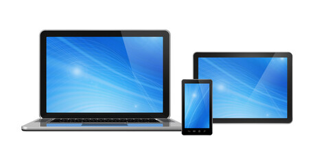 3D laptop, mobile phone and digital tablet pc - isolated on transparent background