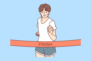 Young man in sportswear running finish race first. Smiling male athlete or sportsman participate in sport competition. Vector illustration. 