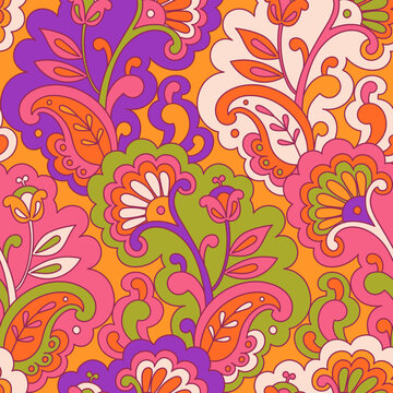 Modern folk psychedelic seamless pattern. Retro Asian ethnic ornament. Vintage Indian vector background. Hippie 70s styled groovy textile print. Floral motifs
