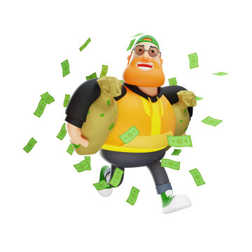 3D illustration. 3D Illustration of Cartoon Cool Fat Man carrying two sacks of money. a lot of money scattered. showing happy laughter. 3D Cartoon Character