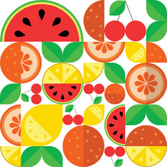 Multicolored fruit pattern of cherries, watermelon, lemon and orange on a white background