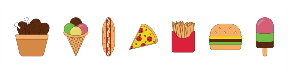 Simple icons of fast food chicken, hot dog, ice cream, pizza, french fries, hamburger isolated on white background