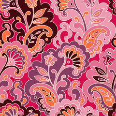 Modern folk psychedelic seamless pattern. Retro Asian ethnic ornament. Vintage Indian vector background. Hippie 70s styled groovy textile print. Floral motifs