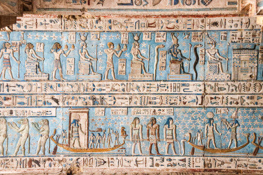ancient egyptian ceiling with hieroglyphs, Dendera, Egypt