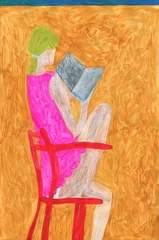 Zelfklevend Fotobehang girl reading book. watercolor painting. illustration.  © Anna Ismagilova