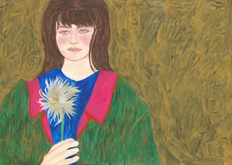 Rolgordijnen watercolor painting. young girl with flower. illustration.  © Anna Ismagilova