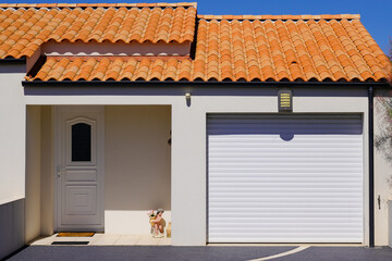 facade garage white home door of residential house