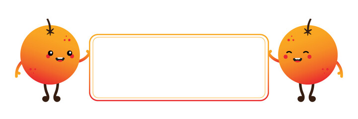 Couple of cute cartoon style orange fruit characters holding in hands blank card, banner, board.
