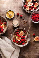 Chocolate granola with almond milk, raspberries, figs and honey.
