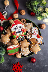 Walnuts and Christmas handmade gingerbread cookies.