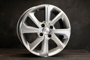 Obraz premium new grey alloy wheels on a dark textured black background. a wheel for a car