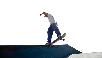 Skateboarder doing a trick isolated on white background
