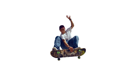 Skateboarder doing a trick isolated on white background © Artur Didyk