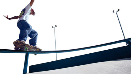 Skateboarder doing a trick isolated on white background