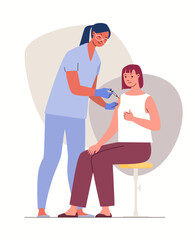Doctor in clinic gives vaccine against the virus and epidemiological diseases to woman. Concept of healthy immunity. Vector illustration. 