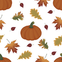 Autumn orange pumpkins, leaves, white background. Vector seamless pattern. Fall season illustration. October harvest. Organic vegetable garden food. Nature design. Thanksgiving day