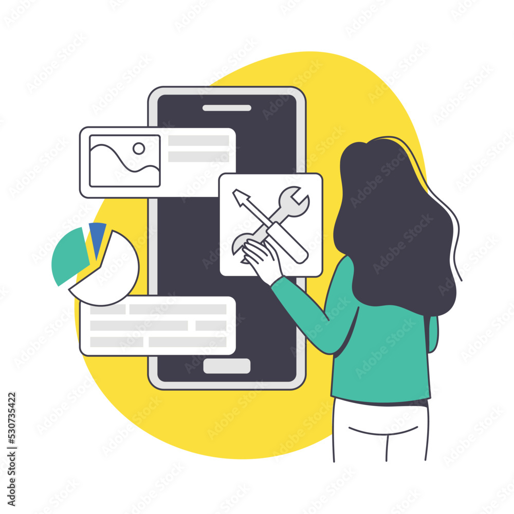 Poster woman app dev professional developing software application for mobile device vector illustration