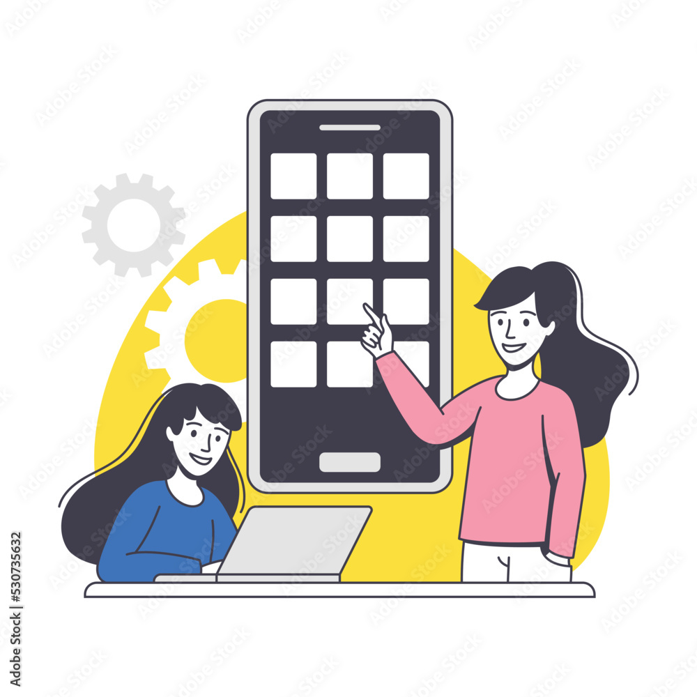 Aufkleber woman app dev professional developing software application for mobile device vector illustration