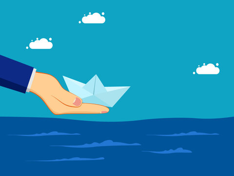 Business support. Businessman releasing a paper boat into the ocean vector